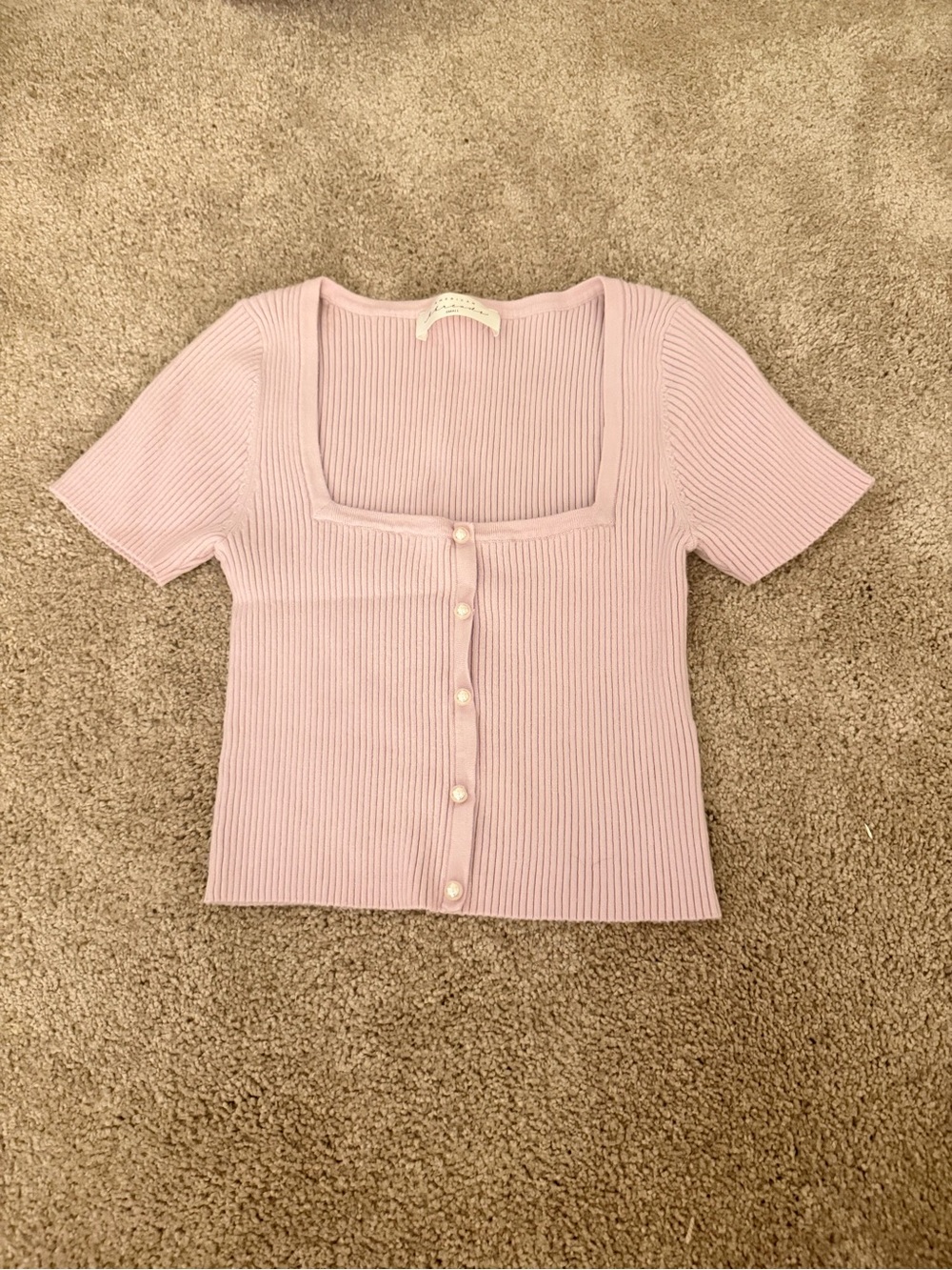 American Threads Ribbed Square-Neck Button Front Top - Lavender/Pink